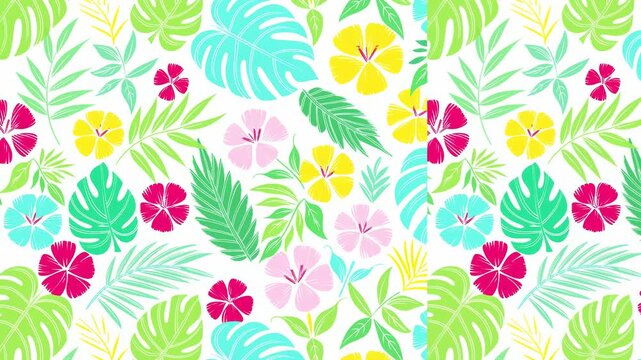 Animated tropical floral pattern with hibiscus flowers