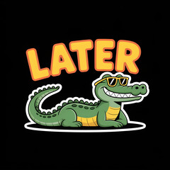 Cool alligator waving goodbye with later text