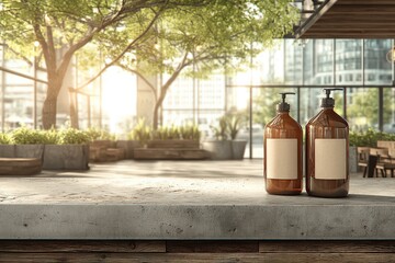 Fototapeta premium Sunlit Urban Space Showcasing Two Glass Bottles with Blank Labels on a Concrete Countertop Surrounded by Lush Greenery and Modern Furnishings Evoking a Fresh and Inviting Ambiance