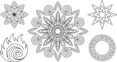 Black and white line art mandala and geometric designs