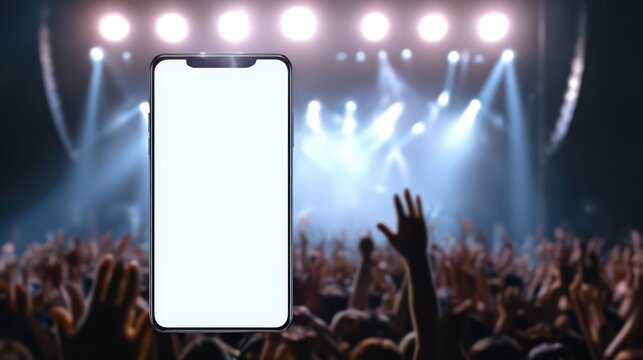 whitescreen phone mockup raised in concert crowd with stage lights and live music energy
