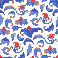 Seamless graphic pattern with curly blue leaves and red flowers, inspired by medieval botanical ornaments.