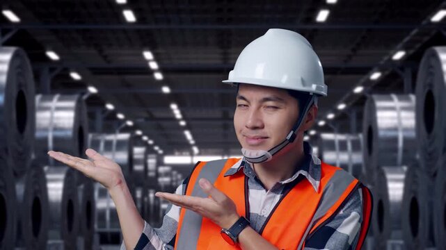 Close Up Of Asian Male Engineer With Safety Helmet Smiling And Pointing To Side While Standing with Stacks of Huge Metal Steel Coils