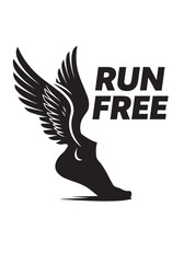 A black winged foot design with the word run a striking silhouette