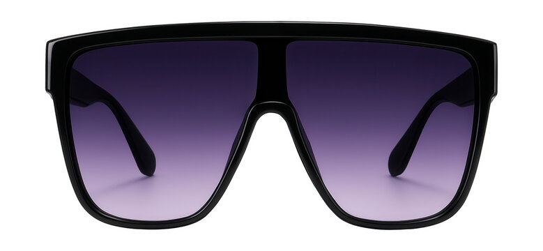 Large shield sunglasses featuring gradient purple lenses and a sleek black frame.