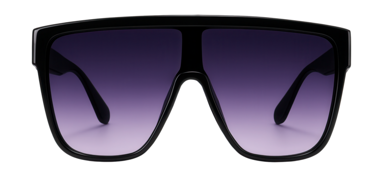 Large shield sunglasses featuring gradient purple lenses and a sleek black frame.