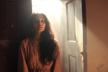 Indian woman standing in doorway with sunlight halo, emotional narrative, filmic tones.
