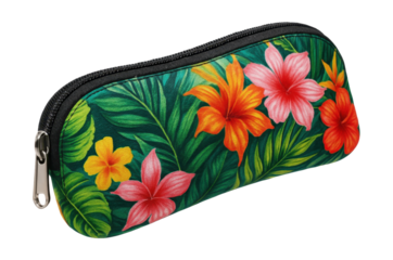 Tropical print neoprene eyeglass case with zipper closure.