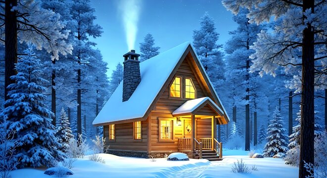 Cozy wooden cabin nestled deep in a snowy winter forest at night
