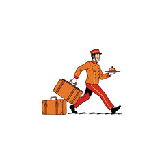Hotel bellhop carrying luggage and a tray of food