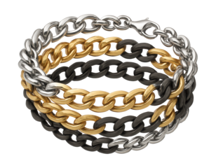 Layered chain bracelet featuring assorted metal finishes.