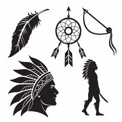 Native american symbols feather dreamcatcher bow and arrow warrior silhouette