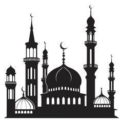 Silhouette of a grand mosque with multiple domes and minarets