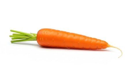 Close-up of a vibrant orange carrot with green stems, isolated on white