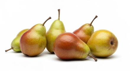 Cluster of ripe pears, red and green skin, brown stems, on white ground