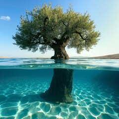 Solitary tree growing in water