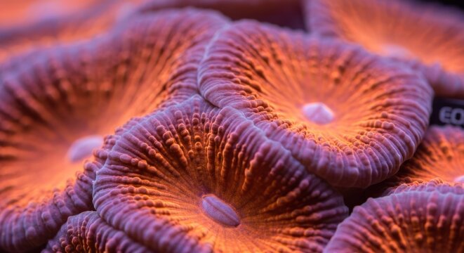 Close-up of orange and pink coral polyps with radiating ridges