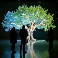 Colorful glowing trees surrounded by crowds
