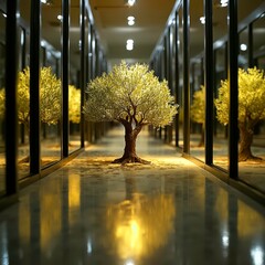 Exhibition space for mirrored olive trees
