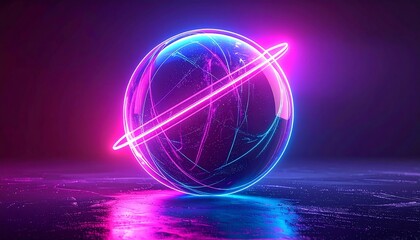 A glowing orb with a neon ring floats in a vibrant purple-blue space
