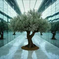 Indoor mirrored display of olive trees