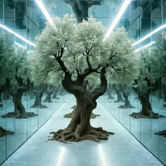 Indoor mirrored olive tree scene