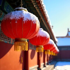 The scene of ancient buildings hanging red lanterns in the snow