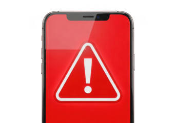 Smartphone displaying a red warning triangle with exclamation mark isolated on transparent background