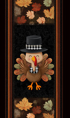 This design features an adorable cartoon turkey wearing a black and white checkered hat. The table runner has a brown base color with orange and green accents for a festive touch. Thanksgiving Day.