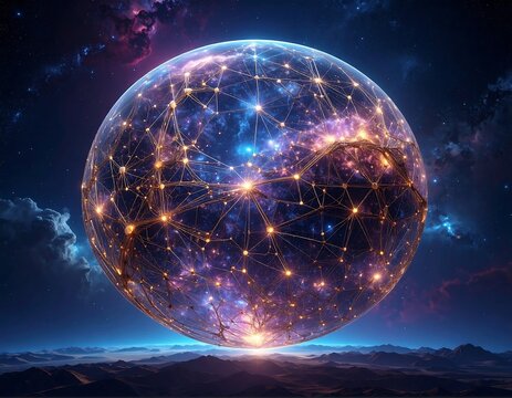 A glowing orb with cosmic details above a mountainous landscape