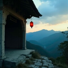 The scenery of hanging red lanterns in ancient mountain buildings