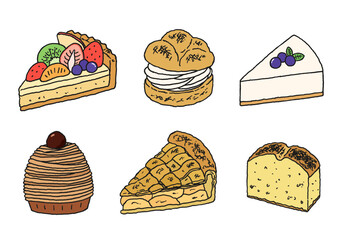 いろんなケーキの手描きイラストセット