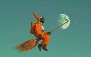 Surreal astronaut in luxury suit flying on broomstick towards the moon, cosmic fantasy scene, whimsical humor, creative stock concept, AI generated