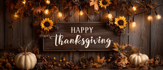 A warm and inviting photograph of a wooden wall adorned with sunflowers, pumpkins, fall leaves, and twinkling lights. In the center is an elegant sign that reads Happy Thanksgiving. 