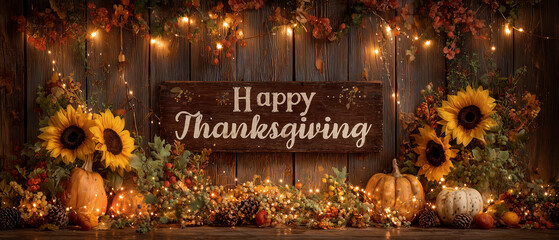 A warm and inviting photograph of a wooden wall adorned with sunflowers, pumpkins, fall leaves, and twinkling lights. In the center is an elegant sign that reads Happy Thanksgiving. 