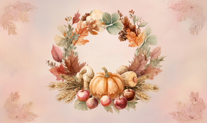 Watercolor wreath with fall leaves, pumpkin, and cornucopia on a pastel background, clipart. Thanksgiving Day. Pink pastel background.