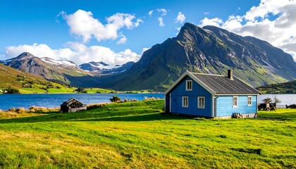 Idyllic Norwegian Landscape - Blue Cabin by Lake with Mountain Backdrop.
