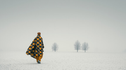 Minimalist surreal portrait of person in oversized geometric coat walking across winter field, artistic fashion scene for editorial design use