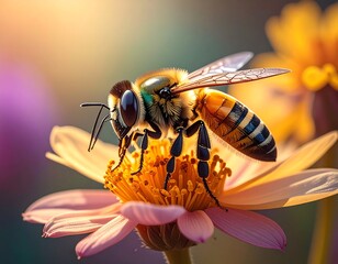 Honeybee Gathering Nectar on a Pink Flower in Sunlight.