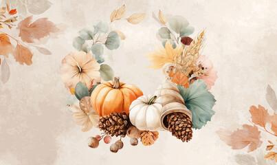 Watercolor wreath with fall leaves, pumpkin, and cornucopia on a pastel background, clipart. Thanksgiving Day. Pink pastel background.