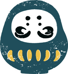 青いだるまの版画風イラスト　スタンプ　正月アイコン　年賀状素材