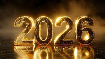 Elegant golden 2026 new year design with reflective surface and soft lighting