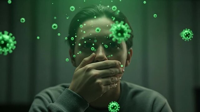 Person Covering Mouth Surrounded by Floating Green Viral Particles in Dark Tone Setting Highlighting Transmission and Prevention in Airbone Diseases Theme for Medical Campaign 190 characters
