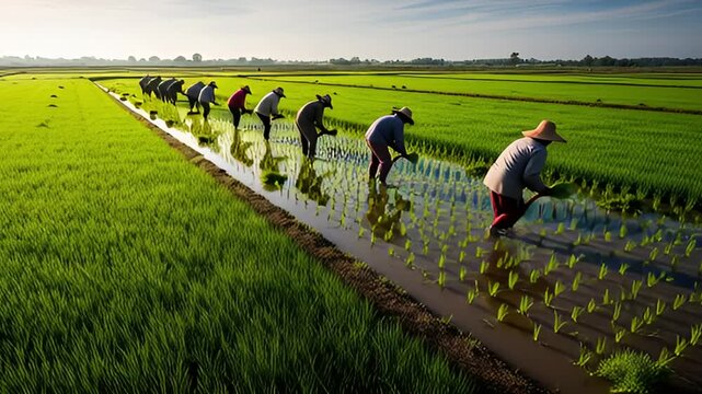 Farmers diligently plant rice seedlings in a vibrant green paddy field under the warm sun.