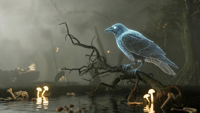 Ethereal glowing raven perched on twisted branch above bioluminescent mushrooms in foggy enchanted swamp with mystical trees and surreal moonlight