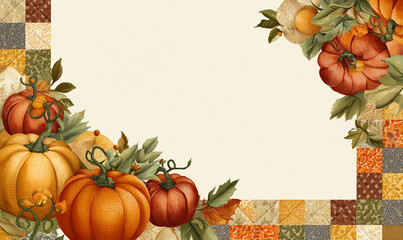 Artisan stitched look with patchwork pumpkins and fall leaves in quilted corner accents high quality botanical or fruit border around all edges, empty white center, seamless design, flat top-down view