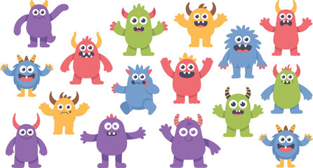 cute cartoon monster collection, colorful funny creatures with horns, adorable kids fantasy characters, playful vector illustration for children, halloween design set
