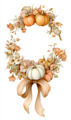 Watercolor beautiful, elegant light brown autumn floral garland with ribbon, bow, and pumpkins. Frame border clipart on a white background in pastel watercolor. Thaksgiving Day. 