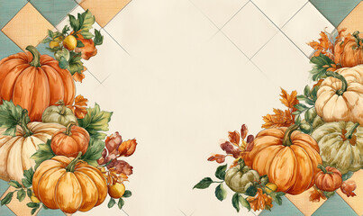 Artisan stitched look with patchwork pumpkins and fall leaves in quilted corner accents high quality botanical or fruit border around all edges, empty white center, seamless design, flat top-down view