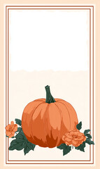 A design for a garden flag with a pumpkin in the center and a simple blank area for text at the top and bottom. Thanksgiving Day.